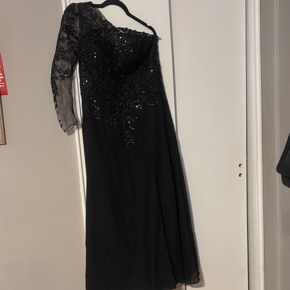 JJs House Black One-Shoulder Sequin Lace Evening Gown